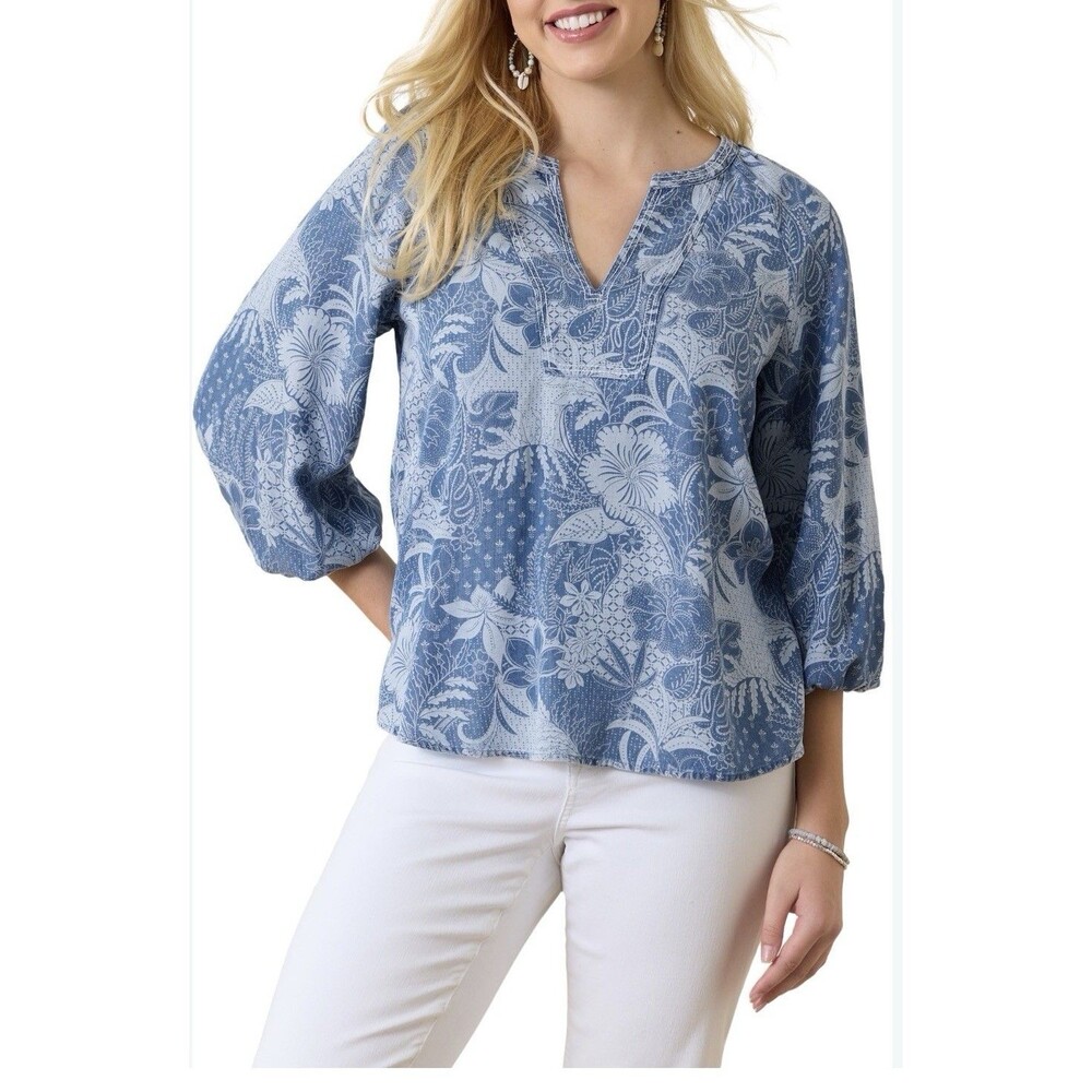 Tommy Bahama Tropical Chambray Popover Top Women’s M White Blue Floral